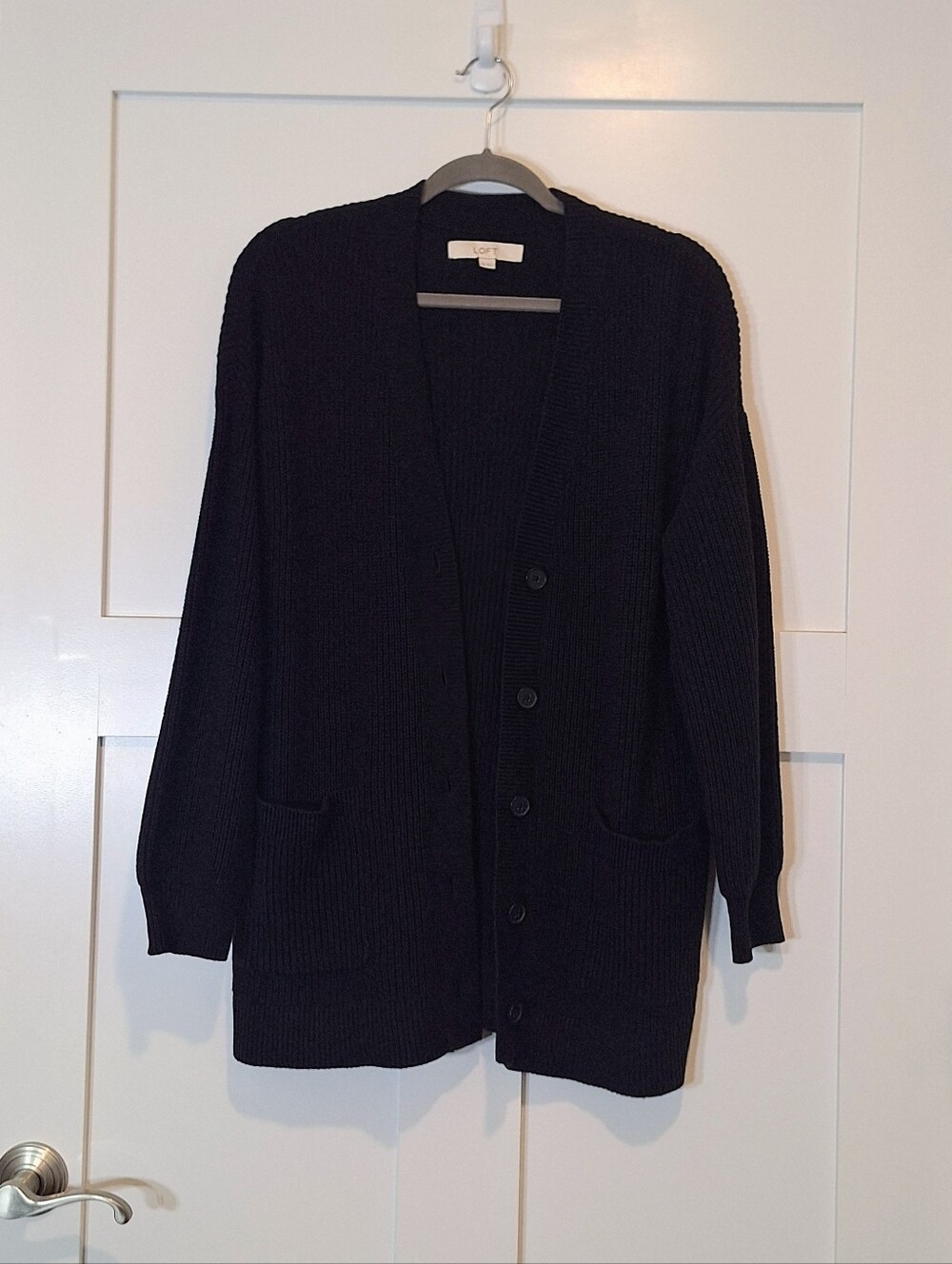 Loft Cardigan Grandpa Style Button Down Knit Sweater Stretch Pockets Black XL